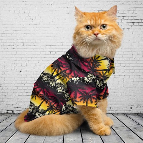 Tropical palm tree Sunset hibiscus Seamless Aloha Cat, Dog Hawaiian Shirt NLMP2012BG09