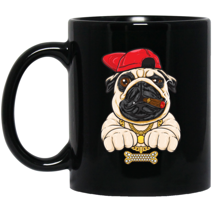 Funny Cartoon Hip Hop Pug Dog, Pug Love Gift, Cool Pug, Rich Pug Black Mug