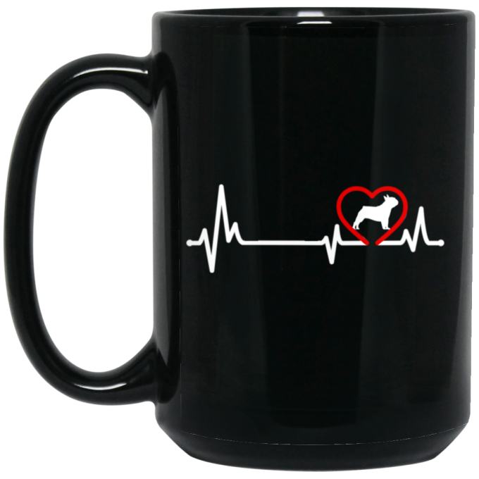 French Dog, Bull Dog Heartbeat, Dog In My Heart, Retro Heartbeat Black Mug