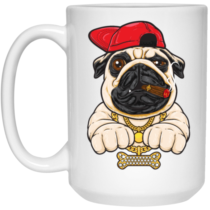 Funny Cartoon Hip Hop Pug Dog, Pug Love Gift, Cool Pug, Rich Pug White Mug