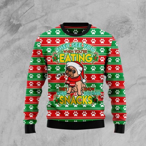 French Bulldog See You Eating Snacks Ugly Christmas Sweater  Adult