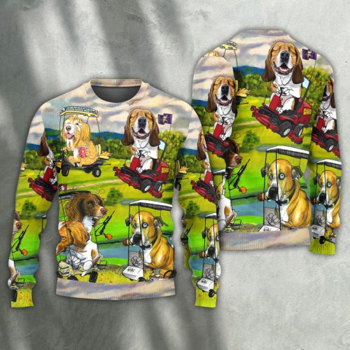 Golf Dog Driving Golf Cart Art Ugly Christmas Sweater  Adult