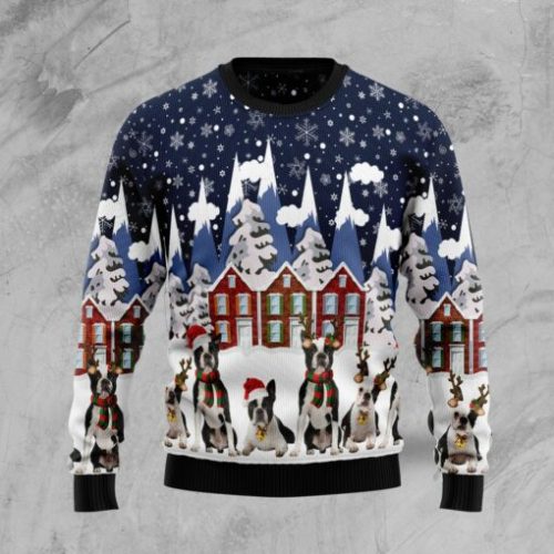 Boston Terrier Family Dog Ugly Christmas Sweater  Adult