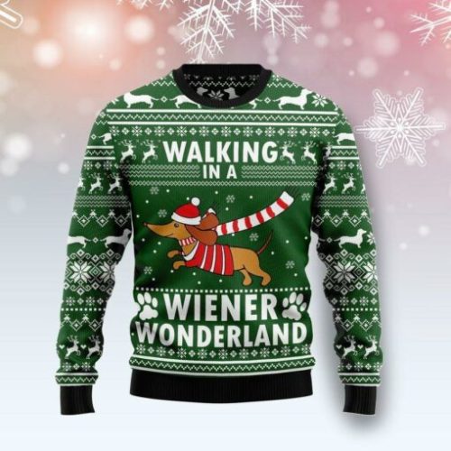 Dachshund Dog Walking In A Wiener Wonderland Ugly Christmas Sweater  Adult