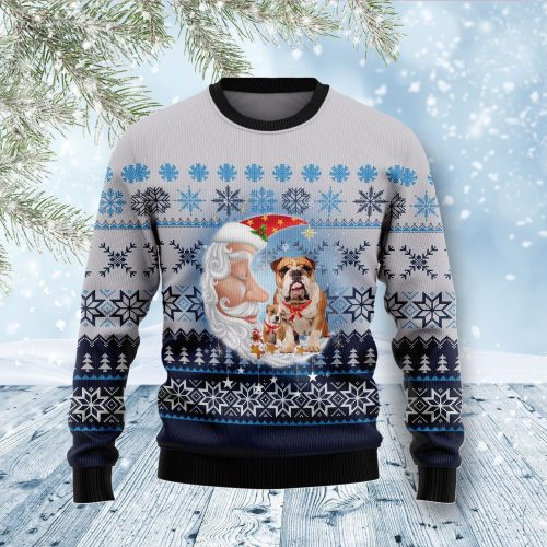 Bulldog Love Santa Moon Ugly Christmas Sweater  Adult