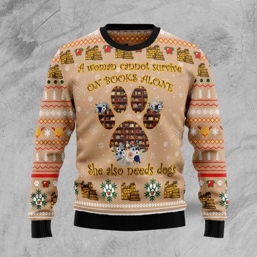 Dog And Book Lover Ugly Christmas Sweater  Adult