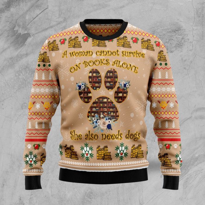 Dog And Book Lover Ugly Christmas Sweater  Adult