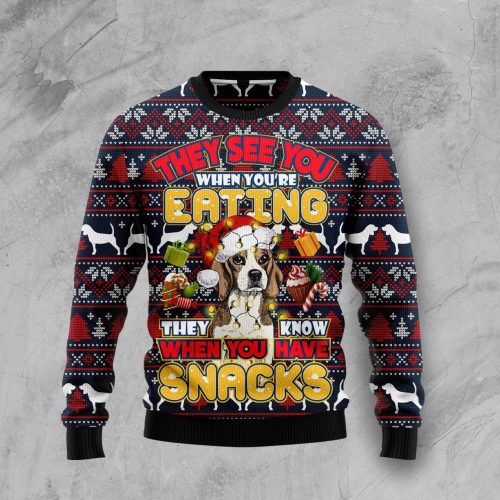Beagle Dog They Know When You Have Snacks Ugly Christmas Sweater  Adult