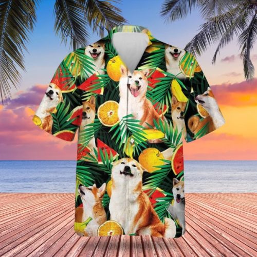 Shiba Inu Tropical Fruits Hawaiian Shirt Cute Adorable Beach Button Down Dog Lovers Gifts
