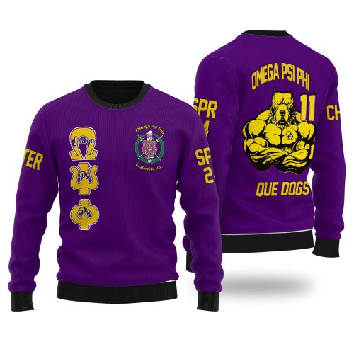 Personalized Omega Psi Phi Ugly Sweaters Purple Strong Omega Bulldog Style