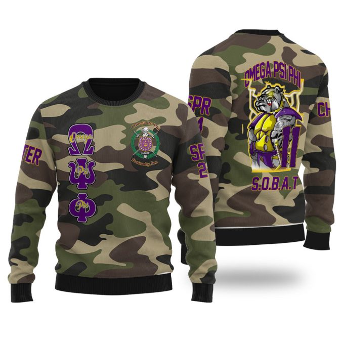 Personalized Omega Psi Phi Ugly Sweaters Camouflage Omega Thunder Bulldog Style
