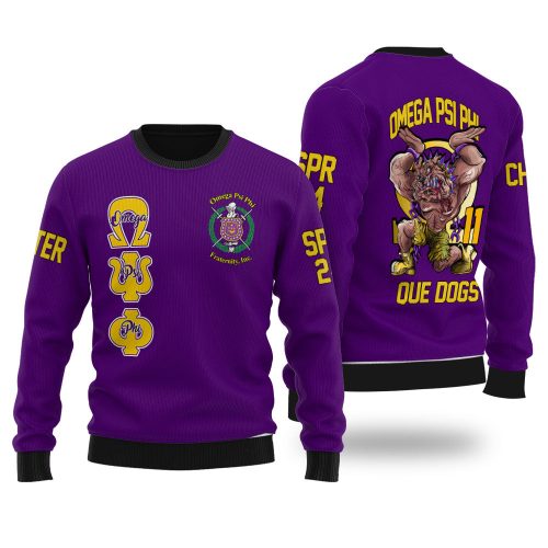 Personalized Omega Psi Phi Ugly Sweaters Purple Omega Handsign Bulldog Style