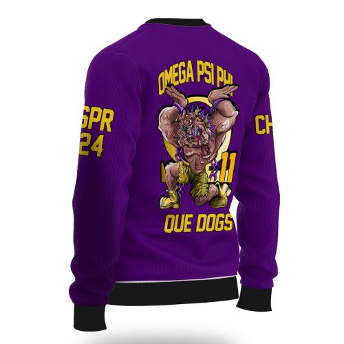 Personalized Omega Psi Phi Ugly Sweaters Purple Omega Handsign Bulldog Style