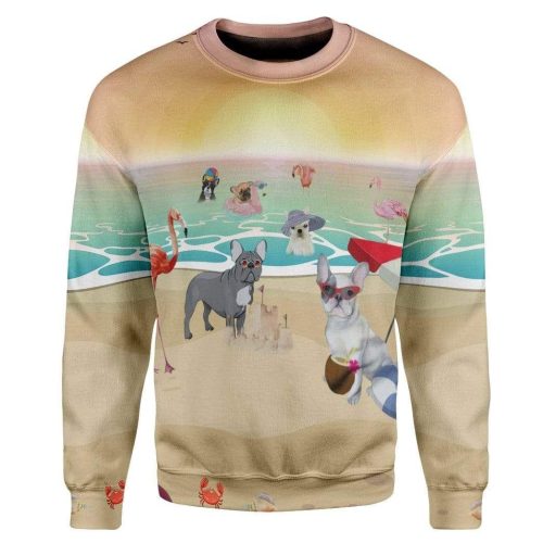 3D French Bulldog With Flamingo At The Beach Pullover Ugly Sweater