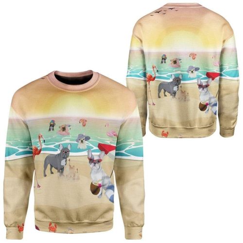 3D French Bulldog With Flamingo At The Beach Pullover Ugly Sweater