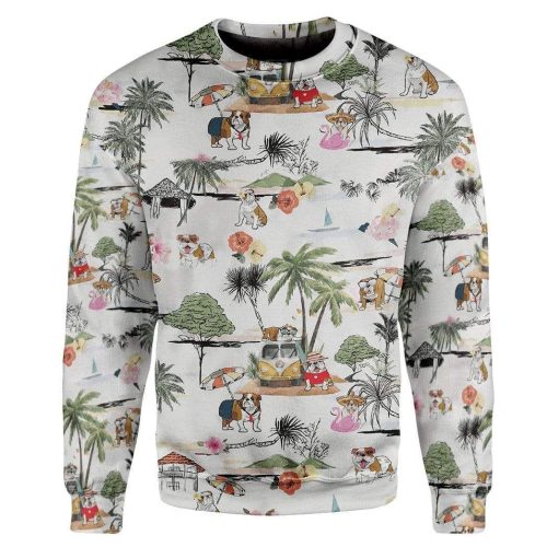 3D Bulldog Hawaiian Beach Retro Custom Pullover Ugly Sweater