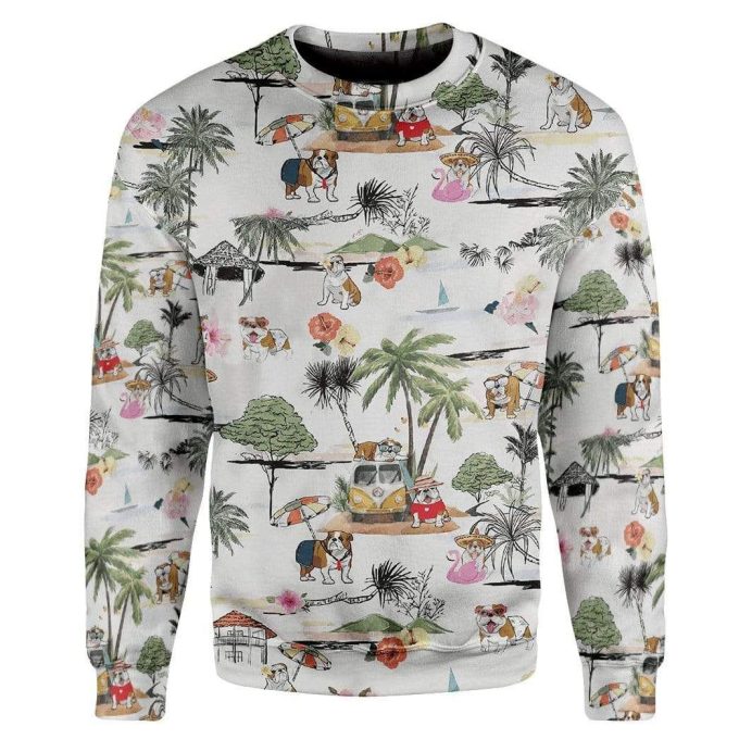 3D Bulldog Hawaiian Beach Retro Custom Pullover Ugly Sweater