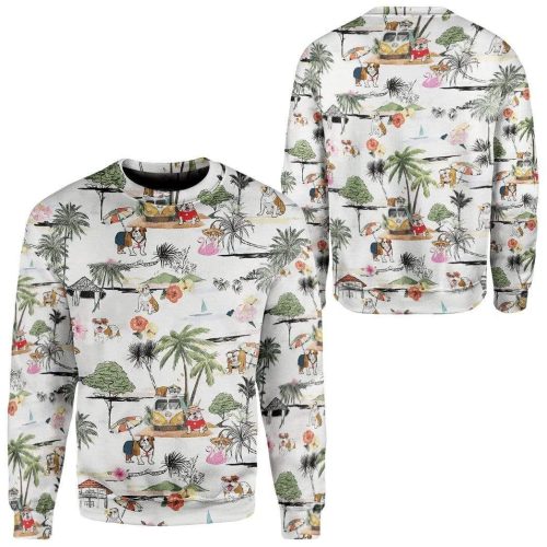 3D Bulldog Hawaiian Beach Retro Custom Pullover Ugly Sweater