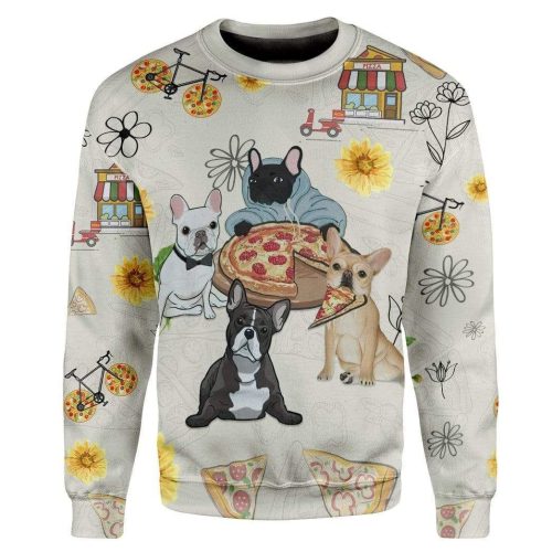 3D French Bulldog Are Intrigued By Pizza Custom Pullover Sweatshirt Ugly Sweater