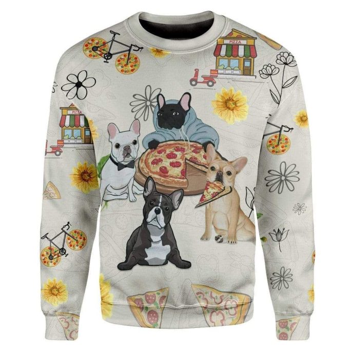 3D French Bulldog Are Intrigued By Pizza Custom Pullover Sweatshirt Ugly Sweater