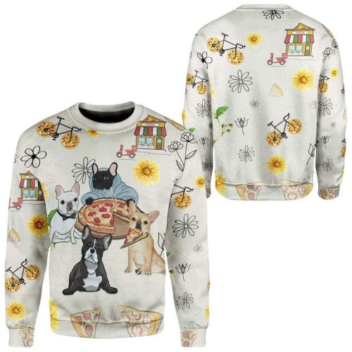 3D French Bulldog Are Intrigued By Pizza Custom Pullover Sweatshirt Ugly Sweater