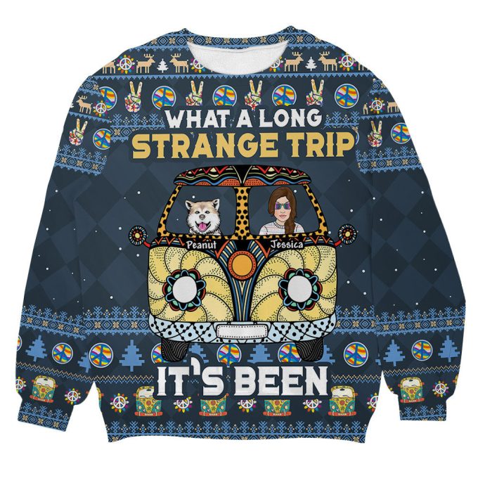 What A Long Strange Trip It’s Been Hippie Camper Dog Ugly Christmas Sweater