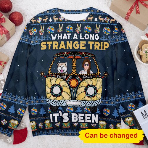 What A Long Strange Trip It’s Been Hippie Camper Dog Ugly Christmas Sweater