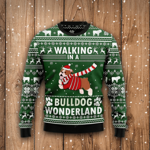 Christmas Dog Walking In A Bulldog Wonderland Ugly Christmas Sweater