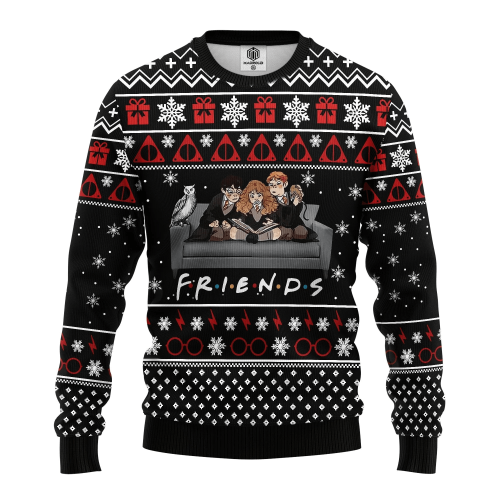 HP Christmas Sweater Friends Harry Ron Hermione Christmas Pattern Black Ugly Sweater