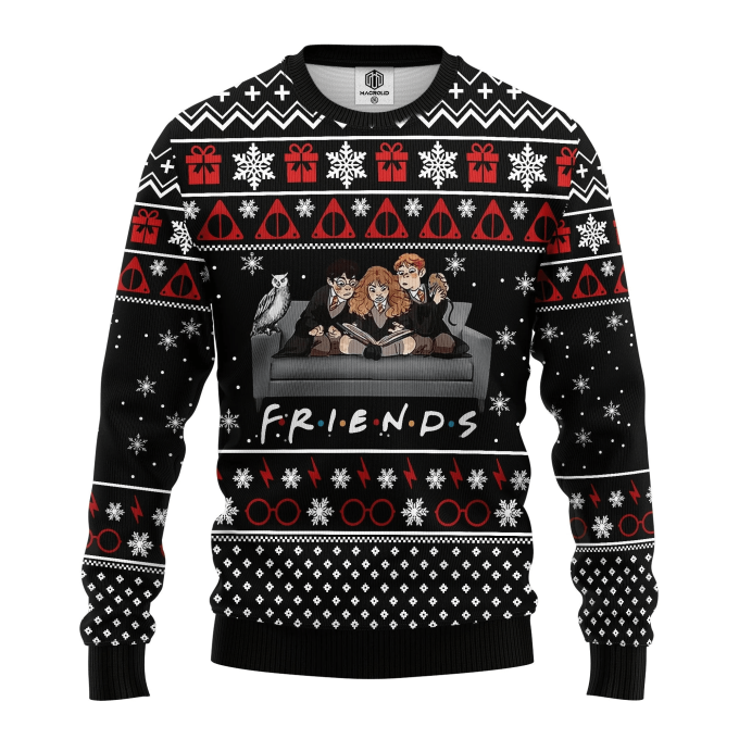 HP Christmas Sweater Friends Harry Ron Hermione Christmas Pattern Black Ugly Sweater
