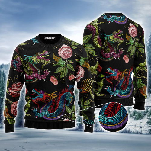 Asian Dragons Ugly Sweater, Dragons Flower Pattern Pullover Ugly Sweater For Men & Women, Perfect Gift For Dragon Lover, Friends, Family | Ugly Christmas Sweater