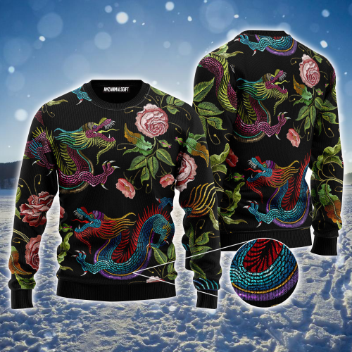 Asian Dragons Ugly Sweater, Dragons Flower Pattern Pullover Ugly Sweater For Men & Women, Perfect Gift For Dragon Lover, Friends, Family | Ugly Christmas Sweater