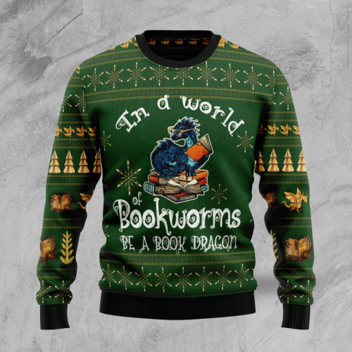 Stand Out as a Book Dragon with Our Ugly Christmas Sweater - Perfect for Bookworms!