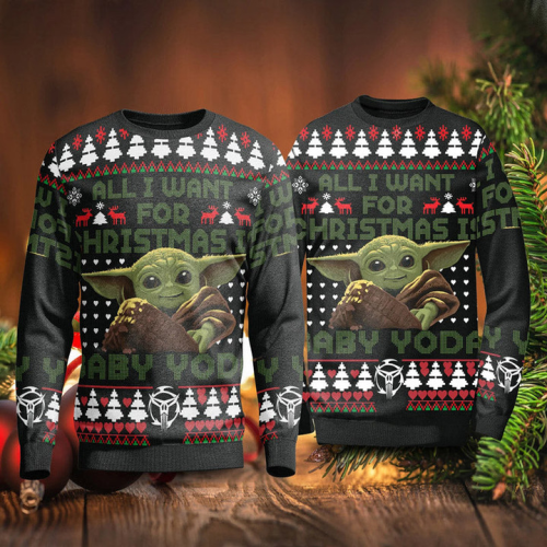 Get Festive with the All I Want For Christmas Baby Yoda Sweater – Perfect Holiday Gift!