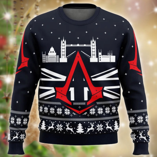 Get Festive with Assassins Creed London Bridge Ugly Sweater – Perfect for Gaming Fans!