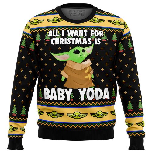 Baby Yoda Ugly Christmas Sweater – All I Want Mandalorian Star Wars Festive Apparel