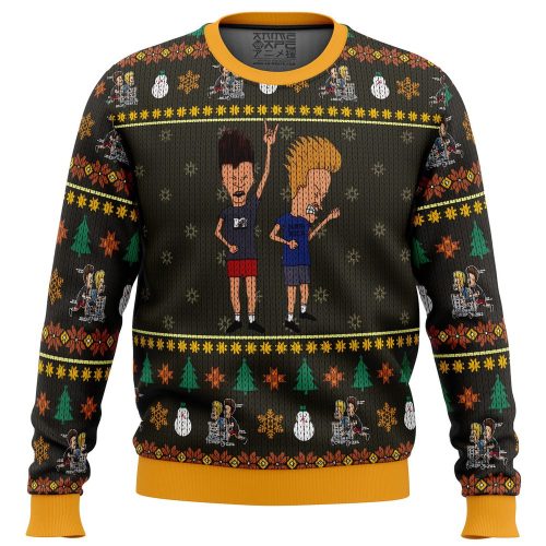 Get Festive with Beavis and Butthead Rock On Ugly Christmas Sweater – Limited Edition Print!
