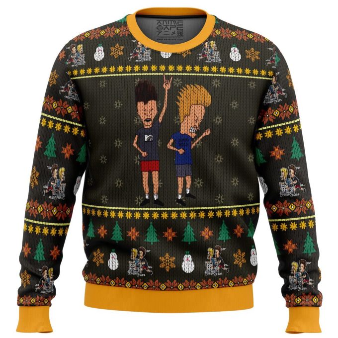 Get Festive with Beavis and Butthead Rock On Ugly Christmas Sweater – Limited Edition Print!