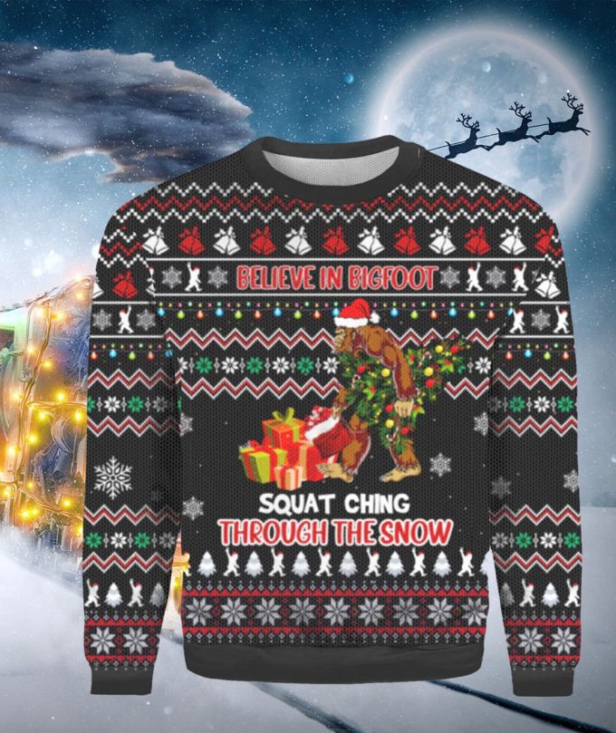 Bigfoot Squatchin Through The Snow Ugly Christmas Sweater: Unique Holiday Apparel!