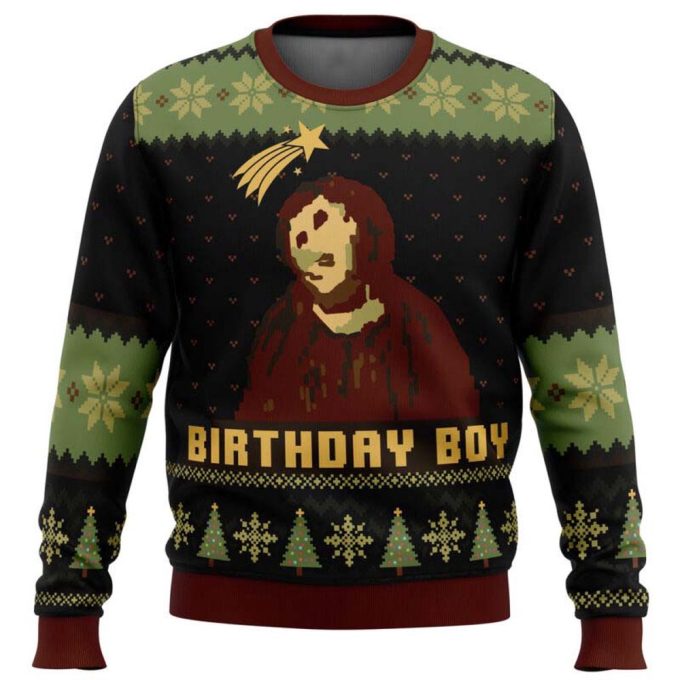 Birthday Boy Ugly Christmas Sweater: Ruined Fresco of Jesus Unique & Engaging Design