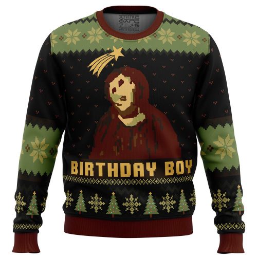 Unique Birthday Boy Ugly Christmas Sweater with Ruined Fresco of Jesus – Perfect for Celebrations!