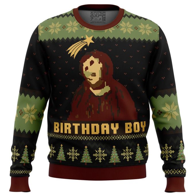 Unique Birthday Boy Ugly Christmas Sweater with Ruined Fresco of Jesus – Perfect for Celebrations!