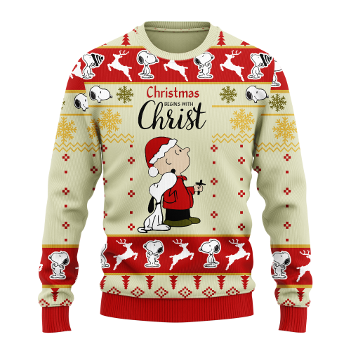 Get Festive with Snoopy: Christmas Begin with Christ Ugly Sweater – Perfect Xmas Gift!