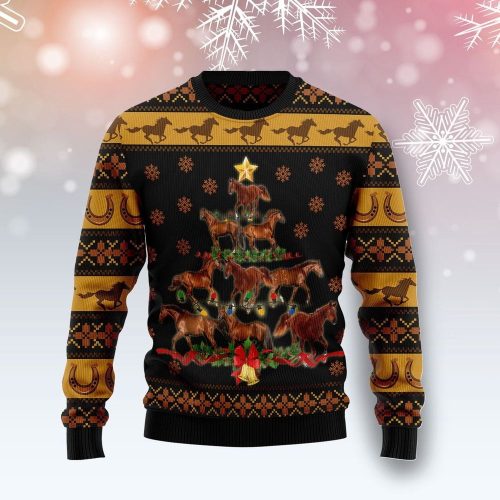 Cute Horse Tree Light Christmas Ugly Sweater – Festive and Fun Holiday Sweater for Horse Lovers