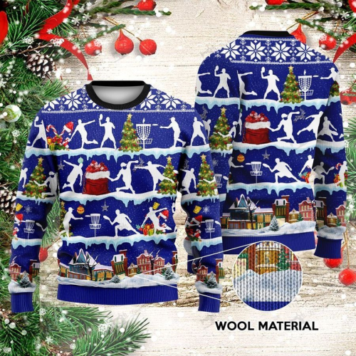 Get Festive with our Disc Golf Navy Christmas Ugly Sweater - Perfect for Disc Golf Enthusiasts!