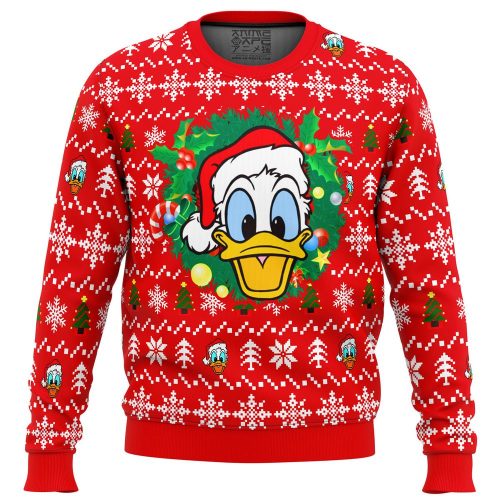 Get Festive with Donald Duck Christmas Head Ugly Sweater - Perfect for the Holiday Season!