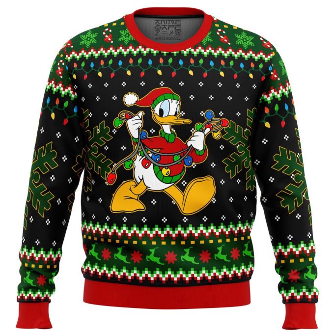 Get Festive with Donald Duck Christmas Lights Ugly Christmas Sweater – Perfect Holiday Attire!