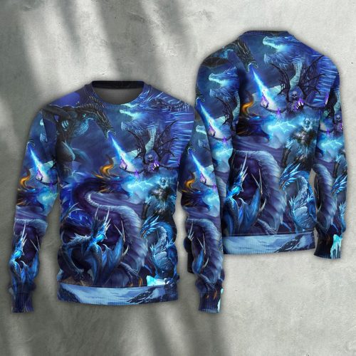 Dragon Blue Skull Fire Lightning Art Style Ugly Christmas Sweater | Adult | US2477