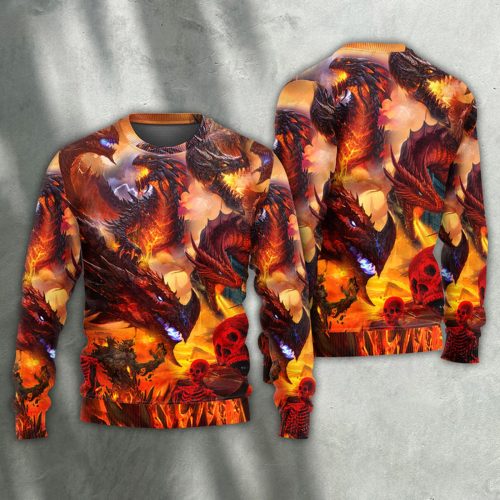 Dragon Red Skull Fire Art Style Ugly Christmas Sweater | Adult | US2475
