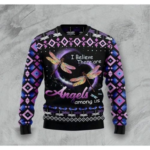 Dragonfly I Believe There Are Angels Among Us Christmas Sweater